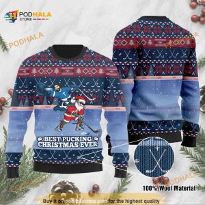 Best Pucking Christmas Ever Jesus And Santa Claus Ice Hockey Funny Ugly Sweater