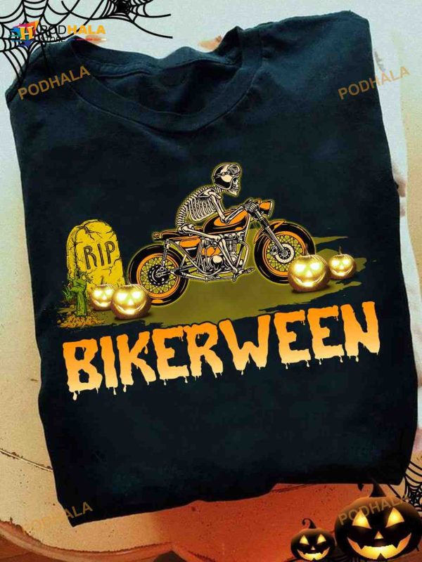 Bikerween Skull Biker Halloween Skull Costume Shirt, Halloween Gift For Bikers