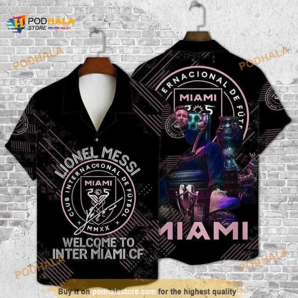 Black Aloha Lionel Messi Welcome To Inter Miami CF Funny Hawaiian Shirt
