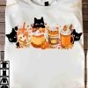 Black Cat Drinks Pumpkins Red Maple Leaves Funny Halloween Shirt
