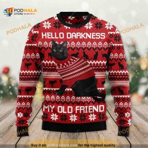 Black Cat Hello Darkness My Old Friend Ugliest Christmas Sweater
