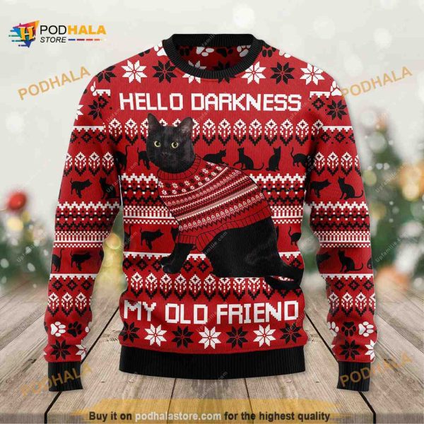 Black Cat Hello Darkness My Old Friend Ugliest Christmas Sweater