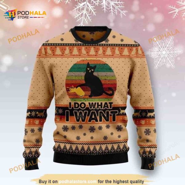 Black Cat I Do What A Want Retro Ugly Xmas Wool Sweater