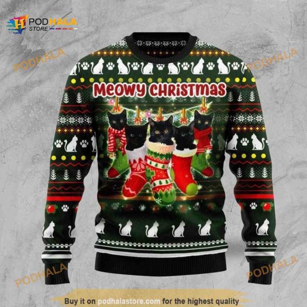 Black Cat In Socks Christmas Wool Funny Ugly Christmas Sweater