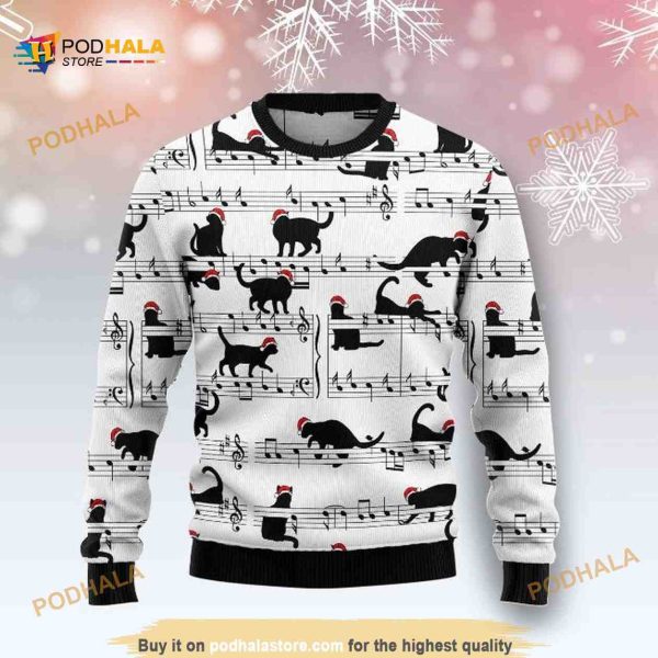 Black Cat Music Christmas Wool Funny Ugly Christmas Sweater