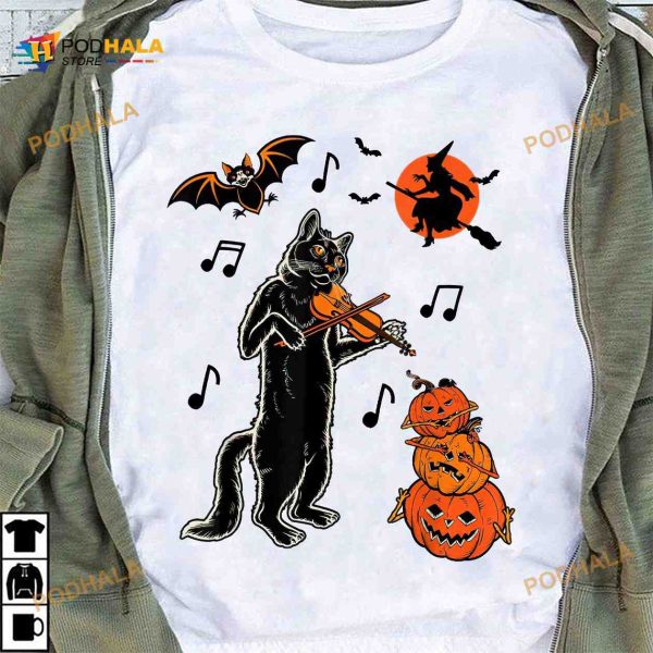 Black Cat Playing Violin Witch Devil Pumpkin Halloween Shirt