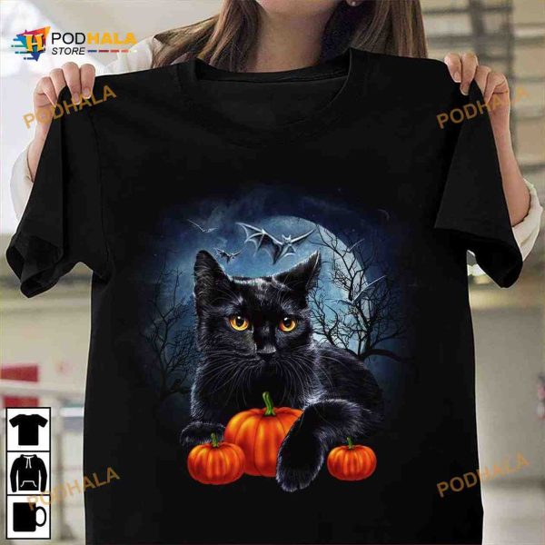 Black Cat Pumpkin Halloween Costume Shirt, Black Cat In The Dark