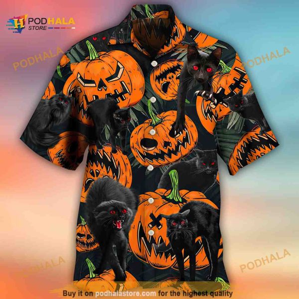 Black Cat Pumpkin Tropical Funny Hawaiian Shirt, 3D Hawaiian Aloha Shirt