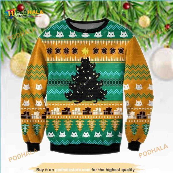 Black Cat Tree Meowy Ugly Christmas Orange Christmas Occasion Sweater
