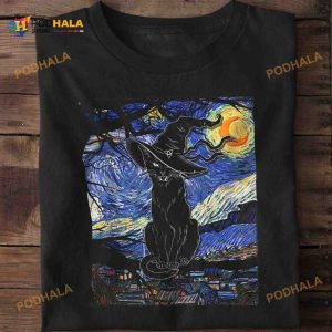 Black Cat Witch Starry Night Vincent Van Gogh's Halloween Shirt