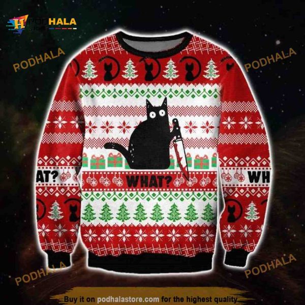 Black Cat Xmas What Funny Ugly Christmas Wool Sweater