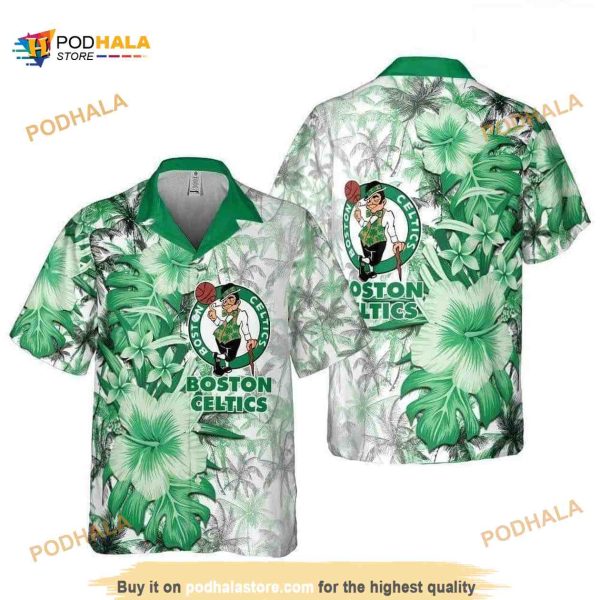 Boston Celtics Funny Hawaiian Shirt, Hibiscus Flower Pattern Aloha Shirt