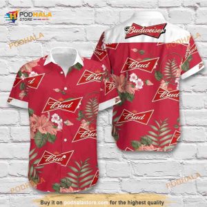 Budweiser Beer Hawaiian Shirt, Red Hibiscus Flower Aloha Shirt