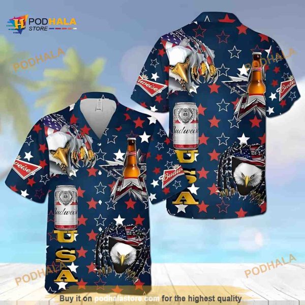 Budweiser Beer Hawaiian Shirt, USA Flag Eagle Independence Day 4th Of July Aloha Shirt