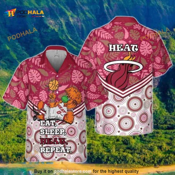 Burnie Miami Heat Funny Hawaiian Shirt Eat Sleep Heat Repeat Palm Leaves Pattern