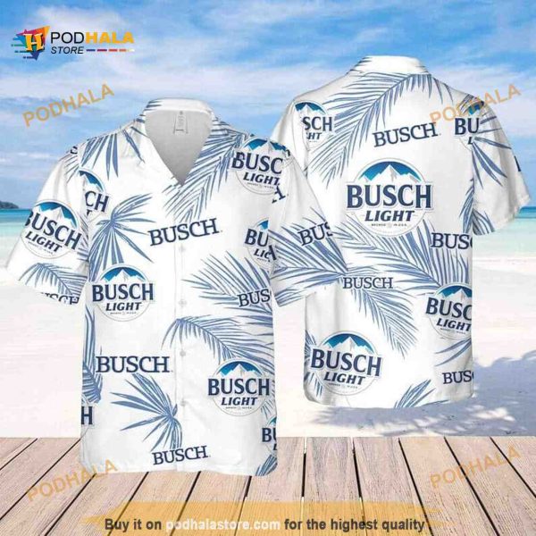 Busch Light Hawaiian Shirt Palm Leaves Pattern On White Theme