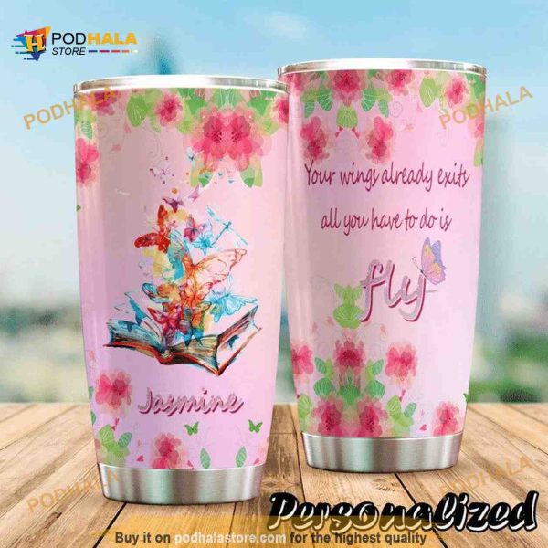 Butterflies And Book Personalized Name Gift Travel Coffee Tumbler