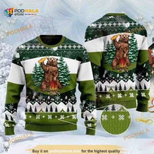 Campfire Camping Lover Bear And Beer Funny Ugly Christmas Sweater