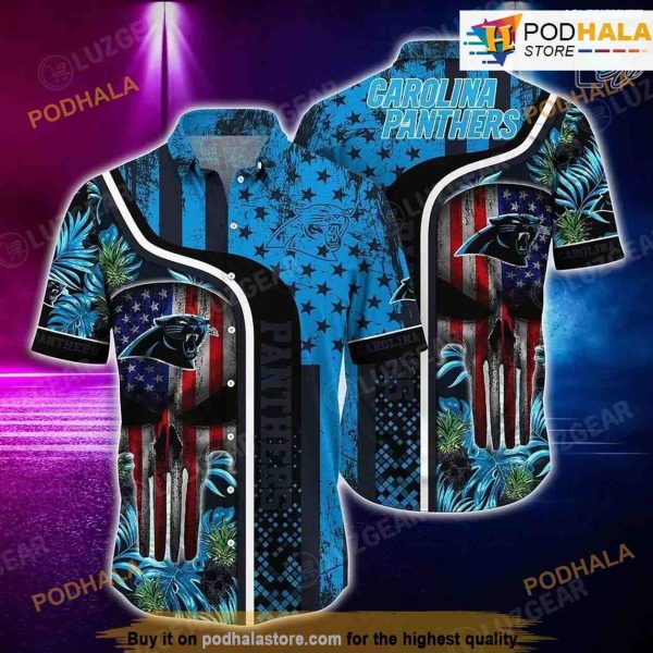 Carolina Panthers NFL Hawaiian Shirt Tropical Pattern Skull Punisher, Carolina Panthers Gift