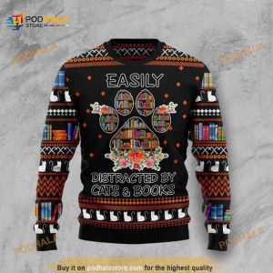 Cat And Books 3D Christmas Funny Ugly Christmas Sweater