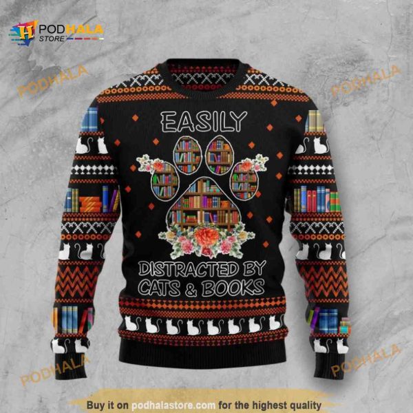 Cat And Books 3D Christmas Funny Ugly Christmas Sweater