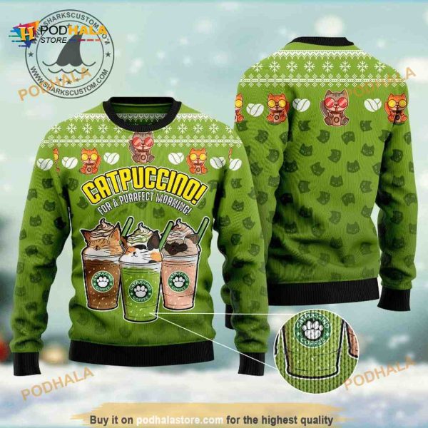 Cat Coffee Christmas 3D Funny Ugly Christmas Sweater