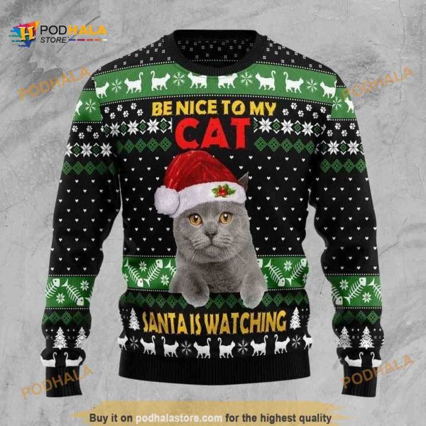 Cat Santa Is Watching 3D Funny Ugly Christmas Sweater