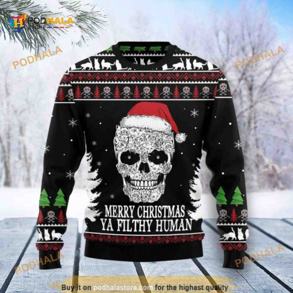 Cat Skull Santa 3D Funny Ugly Christmas Sweater Xmas