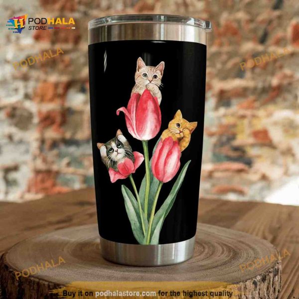 Cat Tulip Flower Stainless Steel Cup Coffee Tumbler, Cat Lovers Gift