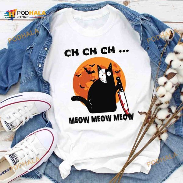 Ch Ch Ch Meow Meow Meow Bloody Knife Black Cat Red Moon Halloween Shirt