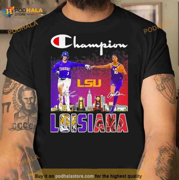 Champion Dylan Crews And Angel Reese Louisiana Lsu Tiger Skyline Signatures Shirt