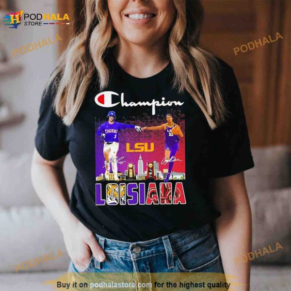 Champion Dylan Crews And Angel Reese Louisiana Lsu Tiger Skyline Signatures Shirt