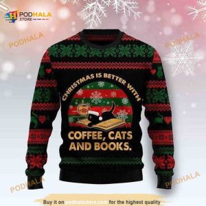 Christmas 3D Is Better With Coffee Cats And Books Sweater