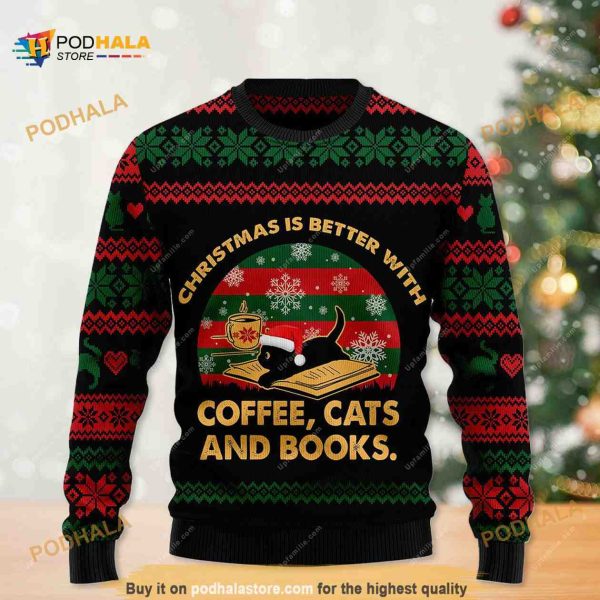 Christmas Is Better With Coffee Cat And Book Holiday ugly Christmas Sweater