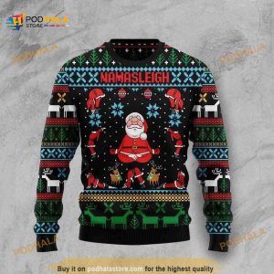 Christmas Patterns With Santa Claus Pray Namasleigh 3D Funny Ugly Sweater