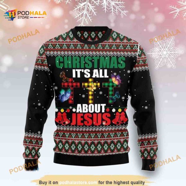 Colorful Crucifix Christmas It’s All About Jesus 3D Funny Ugly Sweater, Funny Xmas Gifts