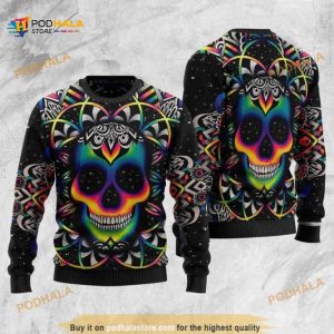Colorful Holographic Skull Christmas Funny Ugly Sweater 3D All Over Print, Funny Xmas Gifts