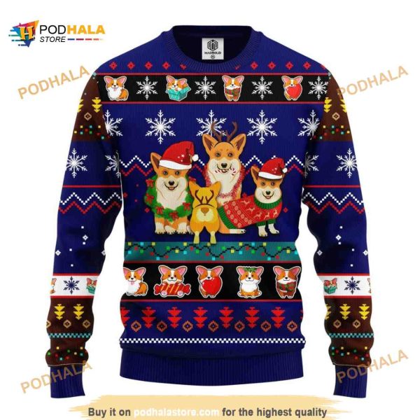 Corgi Cute Noel Mc Ugly Christmas Blue Funny Ugly Sweater 3D, Funny Xmas Gifts