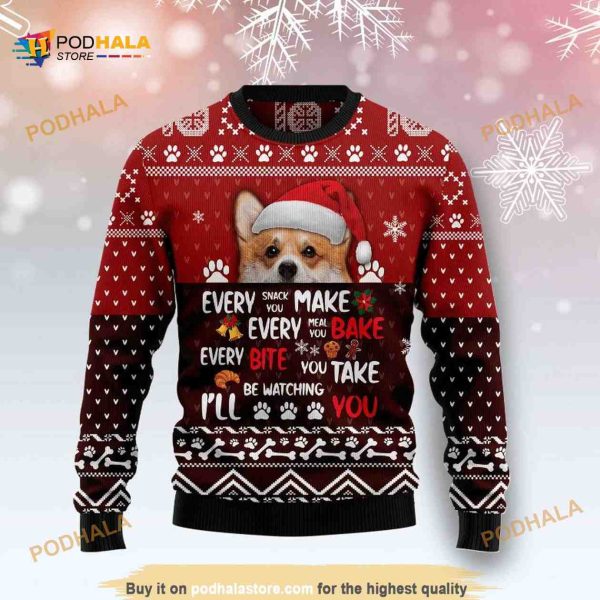 Corgi Lover Will Be Watching You All Over Printed Funny Ugly Sweater, Funny Xmas Gifts