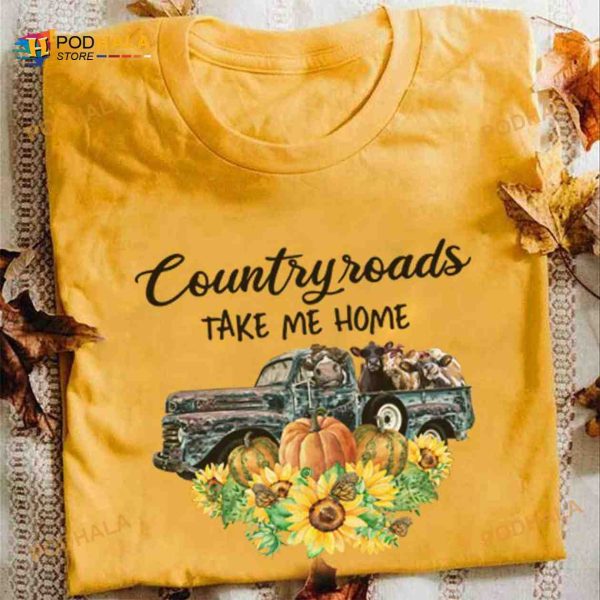 Country Roads Take Me Home Cow On Truck Halloween Country Pumpkin Shirt