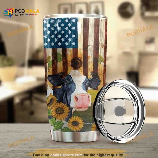 Cow Sunflower America Flag Stainless Steel Cup Coffee Tumbler