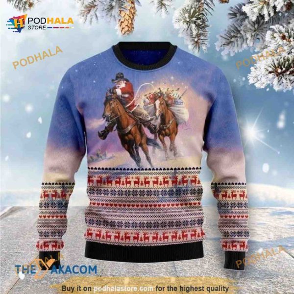 Cowboy Santa Claus Riding Horse Xmas 3D Funny Ugly Sweater, Funny Xmas Gifts