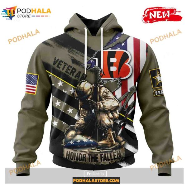 Custom Cincinnati Bengals Honor Veterans Kneeling Soldier Design Shirt NFL Hoodie 3D