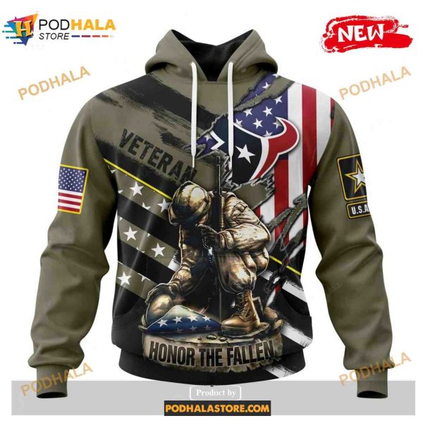 Custom Houston Texans Honor Veterans Kneeling Soldier Design Shirt NFL Hoodie 3D