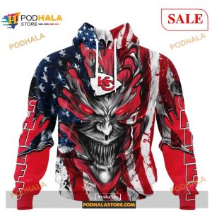 Custom Kansas City Chiefs Demon Face American Flag Shirt NFL Hoodie 3D 1