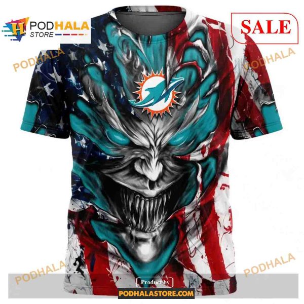 Custom Miami Dolphins Demon Face American Flag Shirt NFL Hoodie 3D