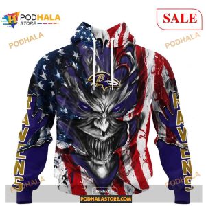 Custom NFL Baltimore Ravens Demon Face American Flag Shirt Hoodie 3D 1
