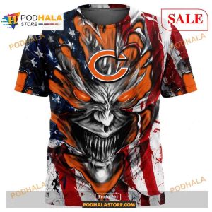 Custom NFL Chicago Bears Demon Face American Flag Shirt Hoodie 3D 2