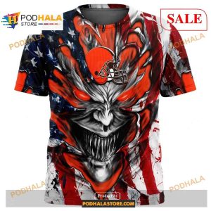 Custom NFL Cleveland Browns Demon Face American Flag Shirt Hoodie 3D 2