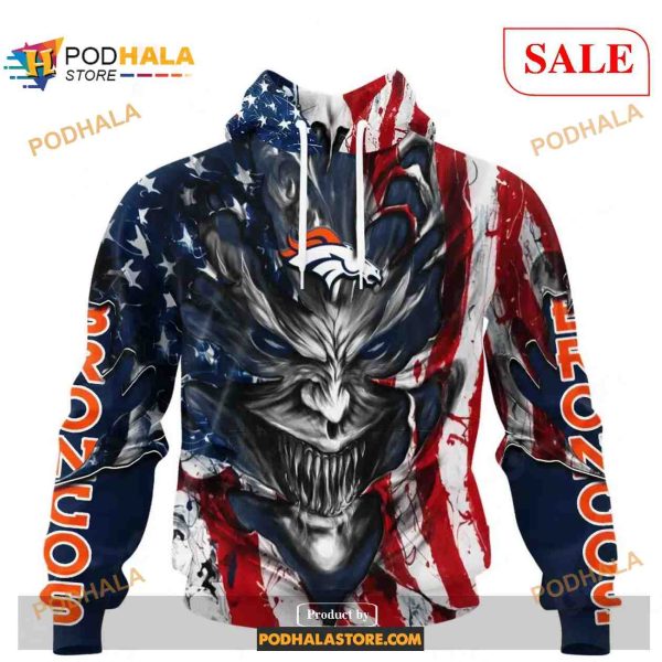 Custom NFL Denver Broncos Demon Face American Flag Shirt Hoodie 3D